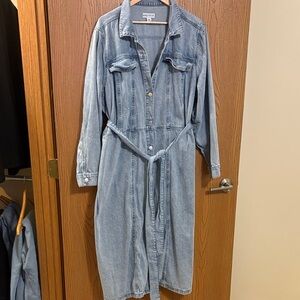 Button up tie waist denim dress